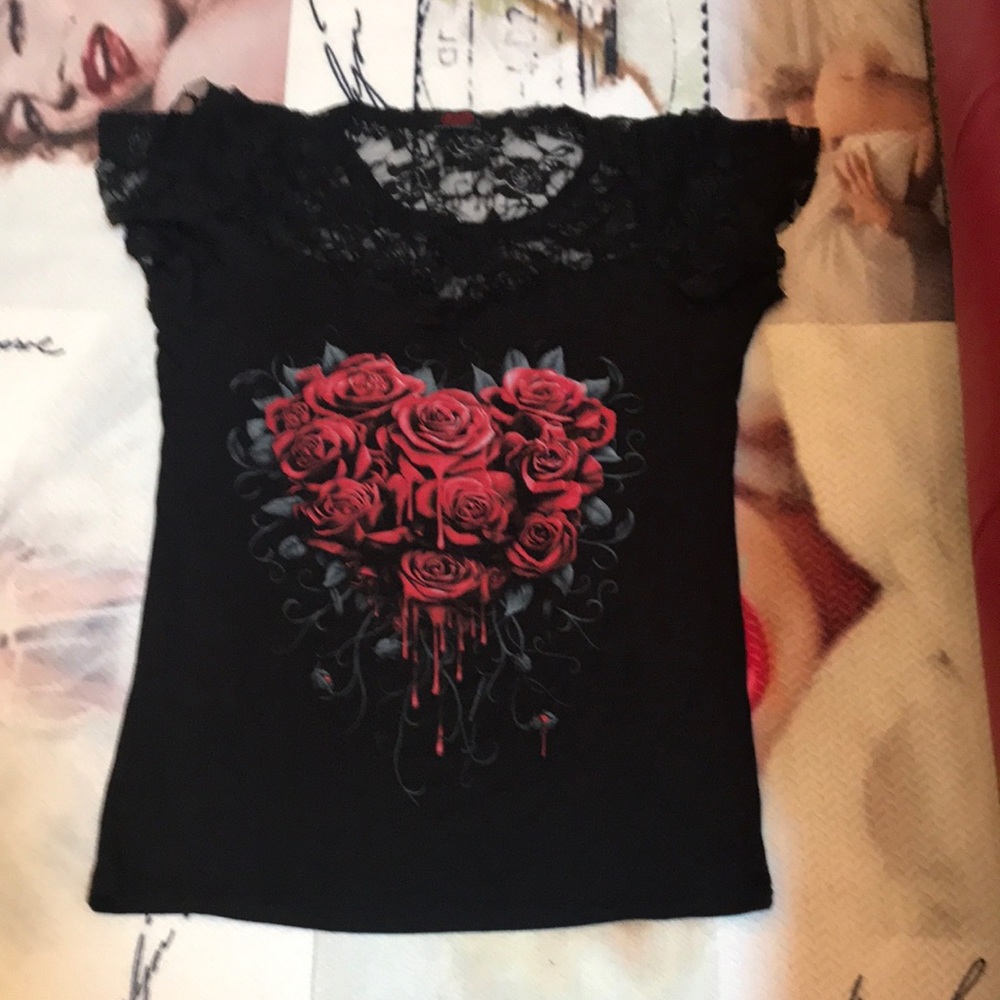 Gothic lace embellished rose top, new.